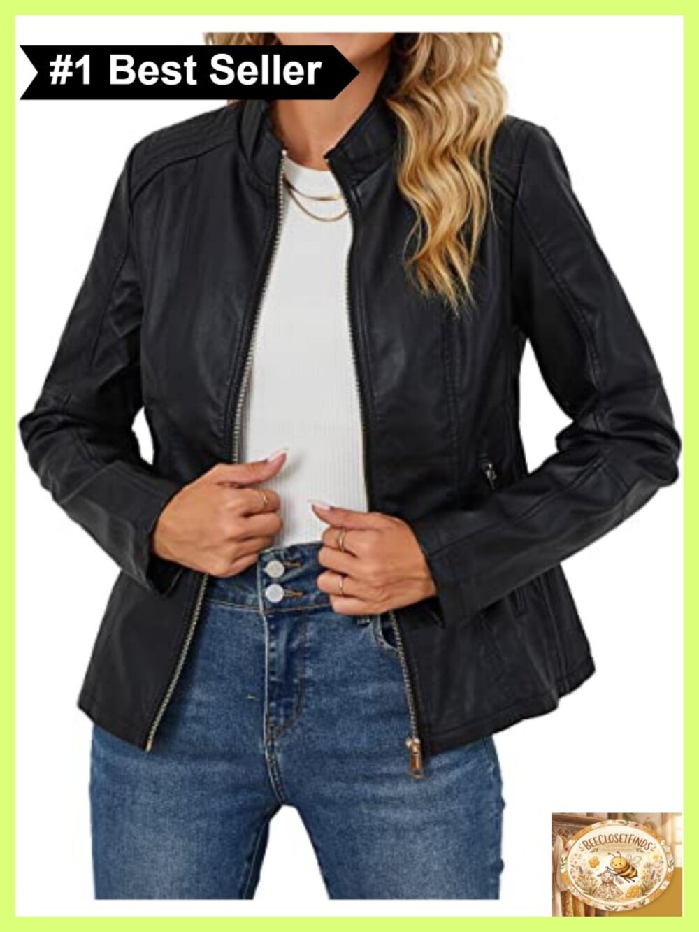 Faux Leather Moto Biker Jacket Stand Collar Zip Pockets Women